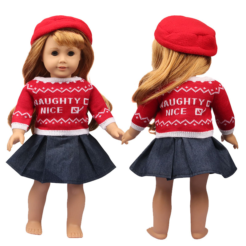 18 inch doll clothes doll red sweater + denim skirt + hat-CL-0168插图1