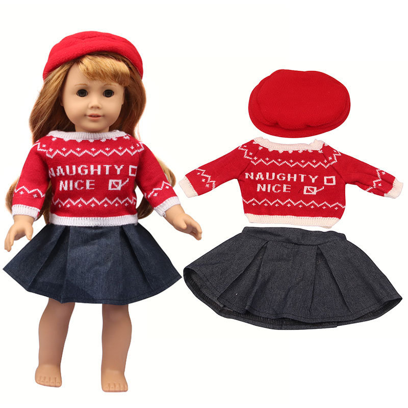 18 inch doll clothes doll red sweater + denim skirt + hat-CL-0168插图