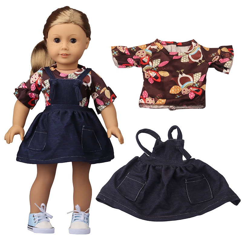 18 inch doll clothes doll two-piece denim strappy skirt and cartoon patterned doll top set-CL-0187插图
