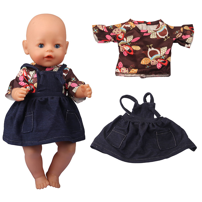 18 inch doll clothes doll two-piece denim strappy skirt and cartoon patterned doll top set-CL-0187插图1