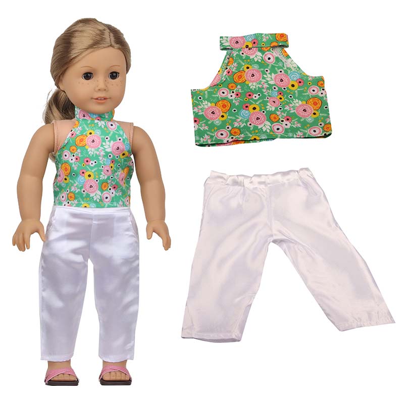 18 inch doll clothes doll green hanging neck printed top white Pants-CL-0207插图