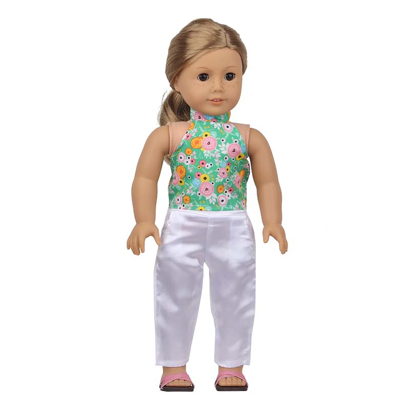 18 inch doll clothes doll green hanging neck printed top white Pants-CL-0207插图7