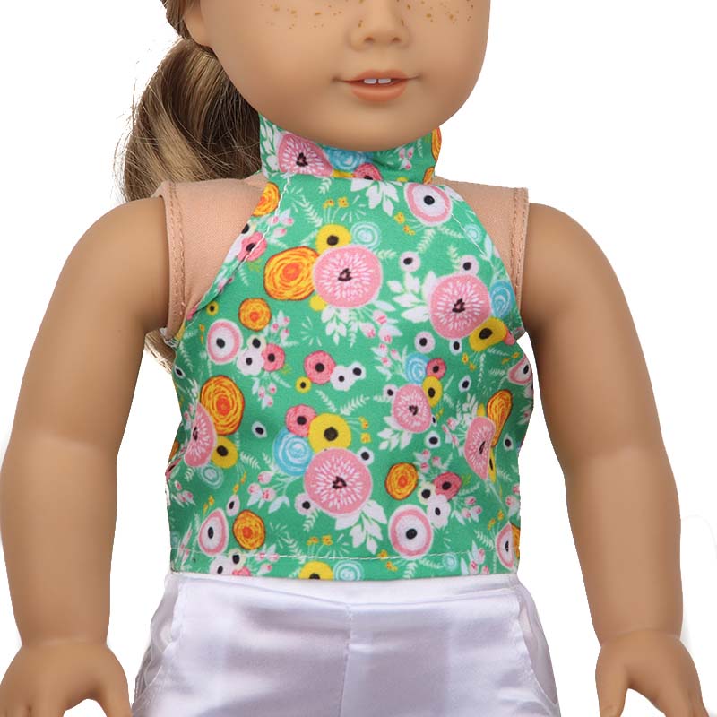 18 inch doll clothes doll green hanging neck printed top white Pants-CL-0207插图2