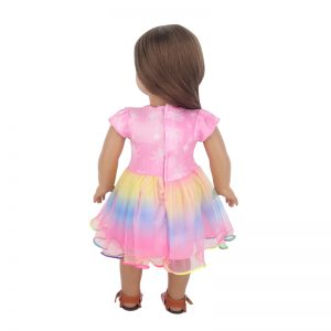 18 inch doll clothes the dreamy pink dress, as if from a unicorn in the rainbow, exudes enchanting magic. The dress is made of light pink fabric with a flowing skirt, like a dream. The waist design is slim, showing off the perfect body curves, dazzling and eye-catching. Wear it and let the mysterious power of the rainbow unicorn accompany you, showing off your charming style.CL-0267插图3