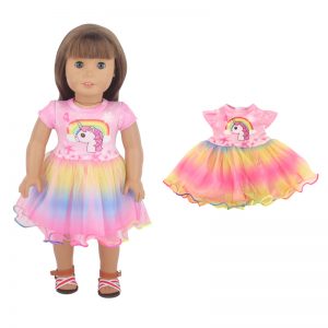 18 inch doll clothes the dreamy pink dress, as if from a unicorn in the rainbow, exudes enchanting magic. The dress is made of light pink fabric with a flowing skirt, like a dream. The waist design is slim, showing off the perfect body curves, dazzling and eye-catching. Wear it and let the mysterious power of the rainbow unicorn accompany you, showing off your charming style.CL-0267插图